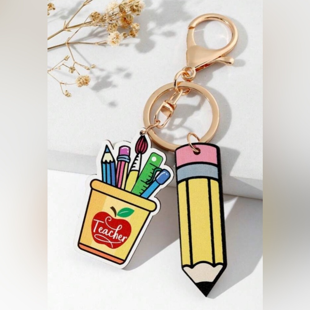 Pencil and pencil cup “Teacher” Multi-color, Gold Tone Purse Charm/Keychain.